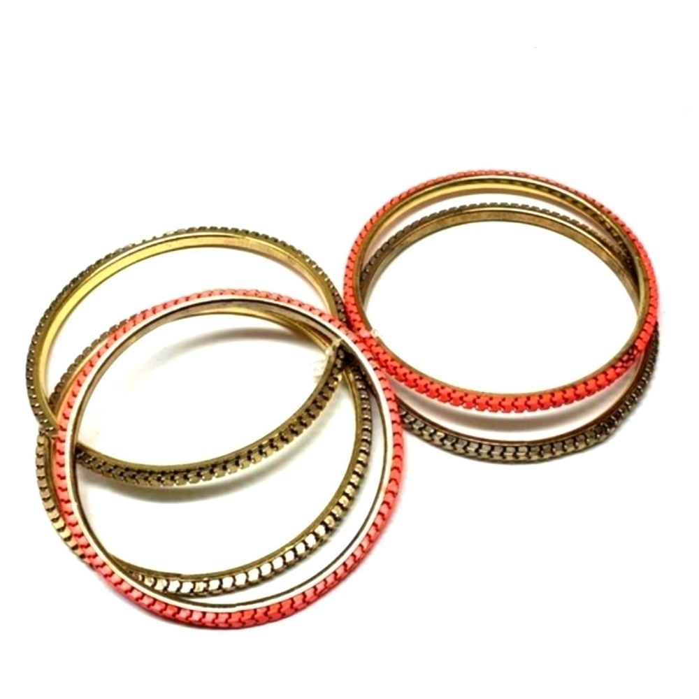 Women's Set of 5 Gold & Salmon Coral Pink Colors Bangle Bracelets Jewelry - Picture 2 of 9